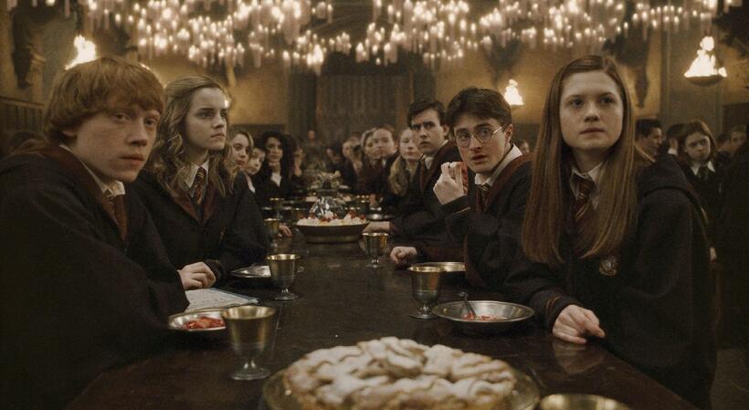 Rupert Grint as Ron Weasley, Emma Watson as Hermione Granger, Matthew Lewis as Neville Longbottom, Daniel Radcliffe as Harry Potter and Bonnie Wright as Ginny Weasley in "Harry Potter and the Half-Blood Prince."