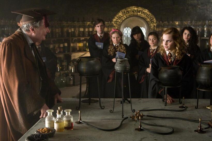 Jim Broadbent as Professor Horace Slughorn and Emma Watson as Hermione Granger in "Harry Potter and the Half-Blood Prince."