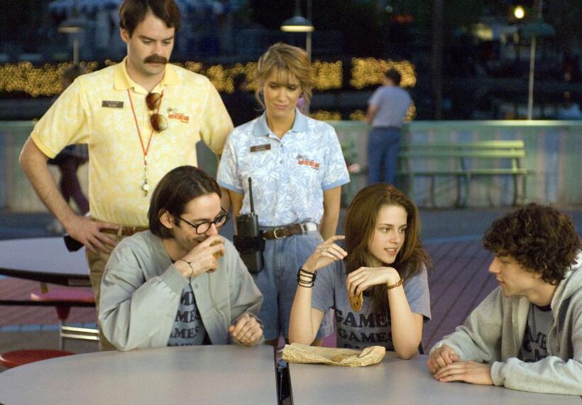 Bill Hader as Bobby, Kristen Wiig as Paulette, Martin Starr as Joel Schiffman, Kristen Stewart as Em Lewin and Jesse Eisenberg as James Brennan in "Adventureland."