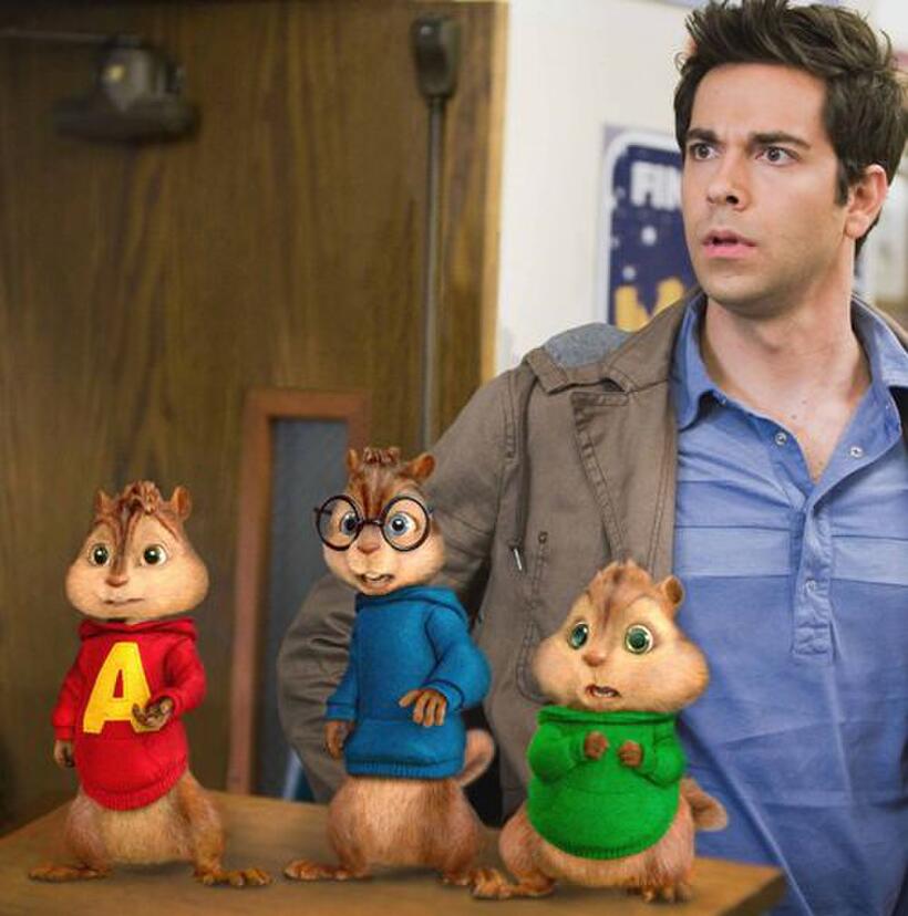 Alvin, Simon, Theodore and Zachary Levi as Toby in "Alvin and the Chipmunks: The Squeakquel."