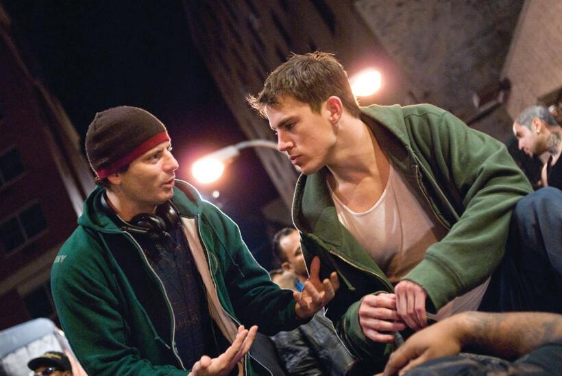 Director Dito Montiel and Channing Tatum on the set of "Fighting."