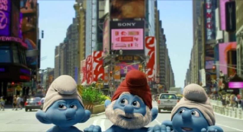 Grouchy, Papa and Clumsy Smurf in "Smurfs."
