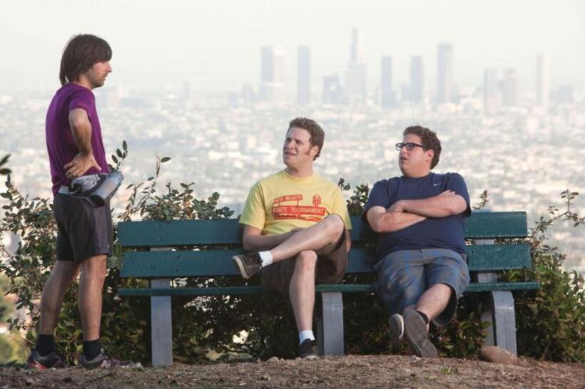 Jason Schwartzman as Mark, Seth Rogen as Ira and Jonah Hill as Leo in "Funny People."