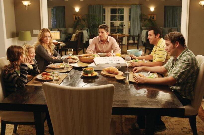 Maude Apatow as Mable, Iris Apatow as Ingrid, Leslie Mann as Laura, Eric Bana as Clarke, Adam Sandler as George and Seth Rogen as Ira in "Funny People."