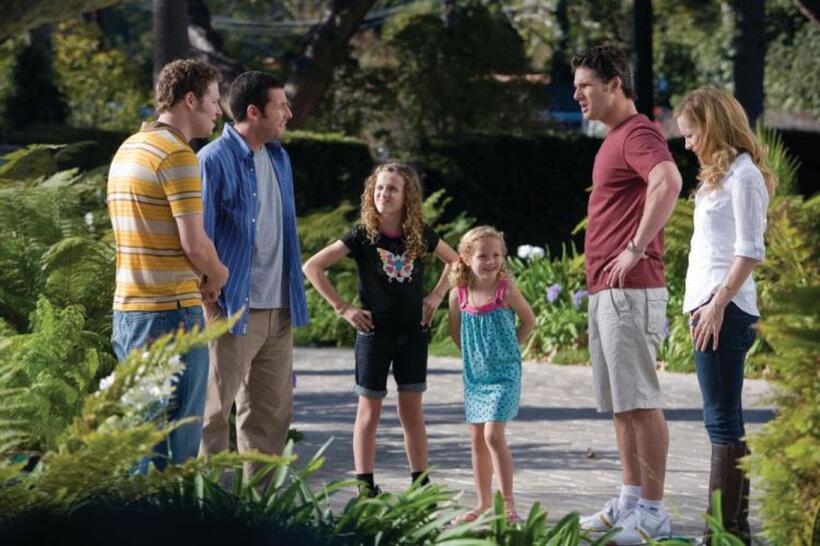 Seth Rogen as Ira, Adam Sandler as George, Maude Apatow as Mable, Iris Apatow as Ingrid, Eric Bana as Clarke and Leslie Mann as Laura in "Funny People."
