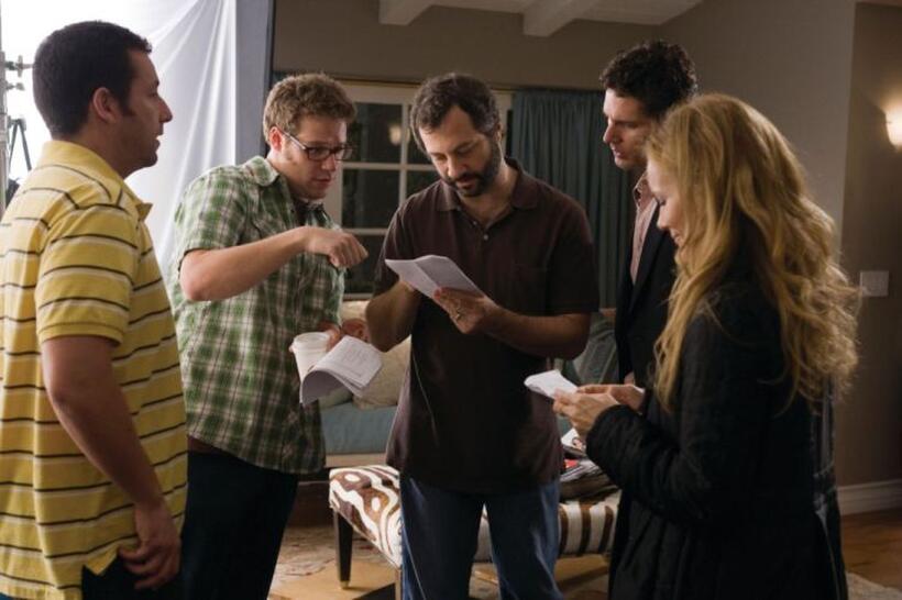 Adam Sandler, Seth Rogen, writer/director/producer Judd Apatow, Eric Bana and Leslie Mann on the set of "Funny People."