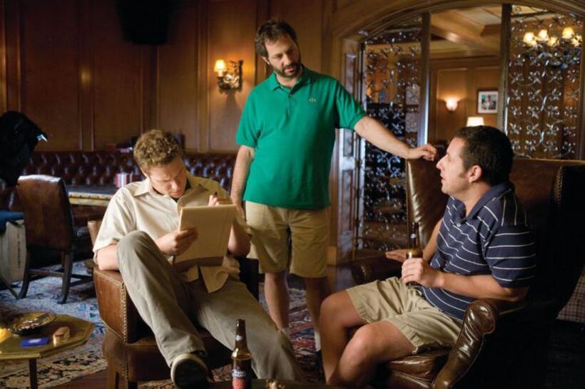 Seth Rogen, Writer/director/producer Judd Apatow and Adam Sandler on the set of "Funny People."