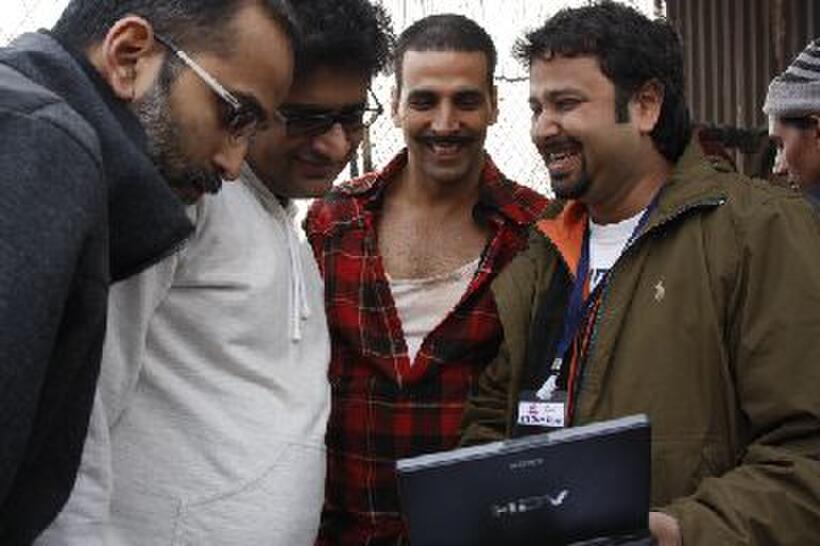 Producer Rohan Sippy, Writer Shridhar Raghavan, Akshay Kumar and Director Nikhil Advani on the set of "Chandni Chowk to China."