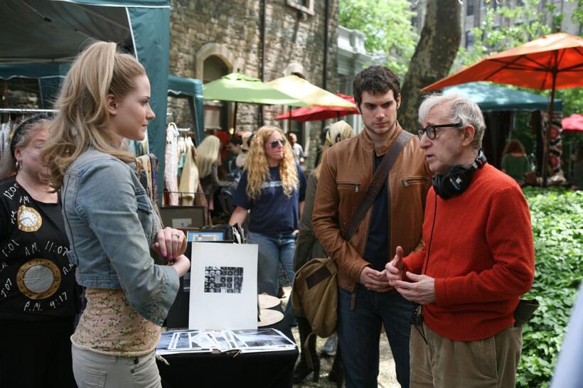 Evan Rachel Wood, Henry Cavill and Director Woody Allen on the set of "Whatever Works."
