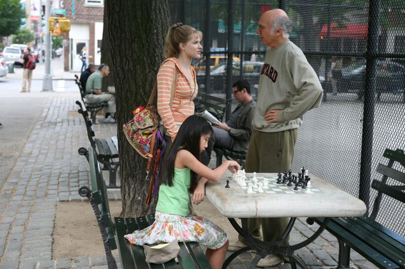 Evan Rachel Wood as Melody, Willa Cuthrell Tuttleman as Chess Girl and Larry David as Boris in "Whatever Works."