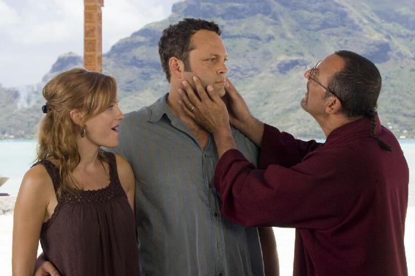 Malin Akerman as Ronnie, Vince Vaughn as Dave and Jean Reno as Monsieur Marcel in "Couples Retreat."
