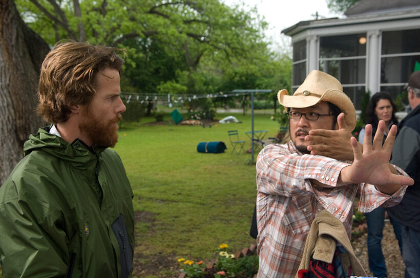 Cinematographer Daniel Moder and director/screenwriter Dennis Lee on the set of "Fireflies in the Garden."