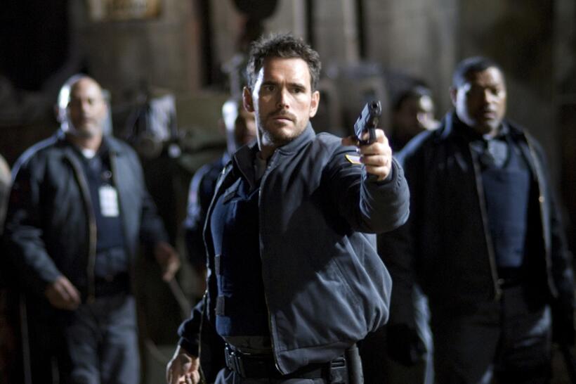 Jean Reno, Matt Dillon and Laurence Fishburne in "Armored."