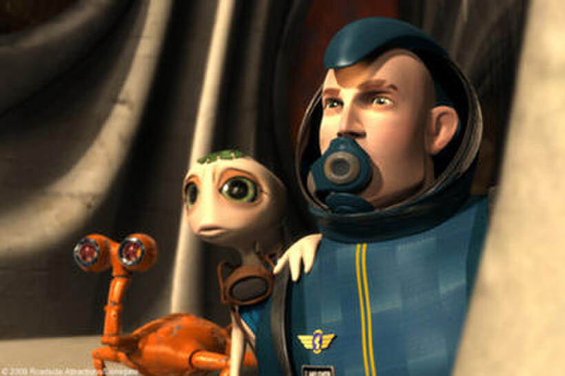 Giddy (voice of David Cross), Mala (voice of Evan Rachel Wood) and Capt. Jim Stanton (voice of Luke Wilson) in "Battle for Terra."