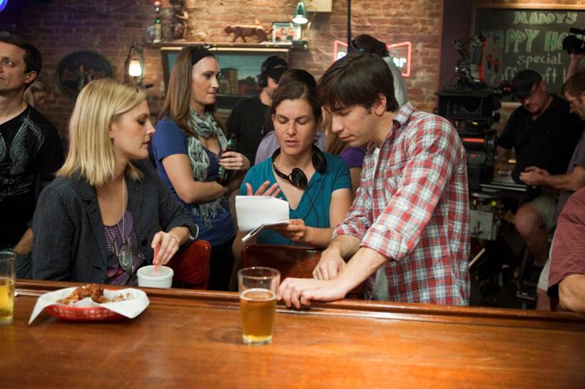 Drew Barrymore, director Nanette Burstein and Justin Long on the set of "Going the Distance."