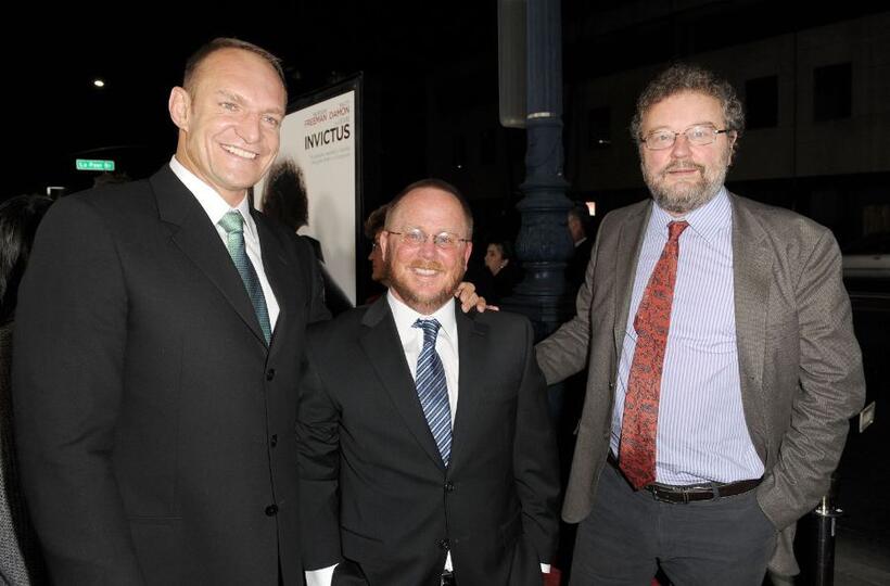 Francois Pienaar, Anthony Peckham and John Carlin at the California premiere of "Invictus."