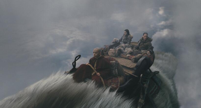 Noah Ringer as Aang, Nicola Peltz as Katara, Jackson Rathbone as Sokka and Appa in "The Last Airbender."