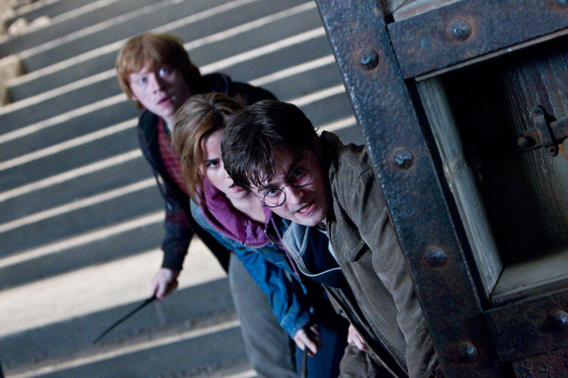 Rupert Grint as Ron Weasley, Emma Watson as Hermione Granger and Daniel Radcliffe as Harry Potter in "Harry Potter and The Deathly Hallows: Part 2."
