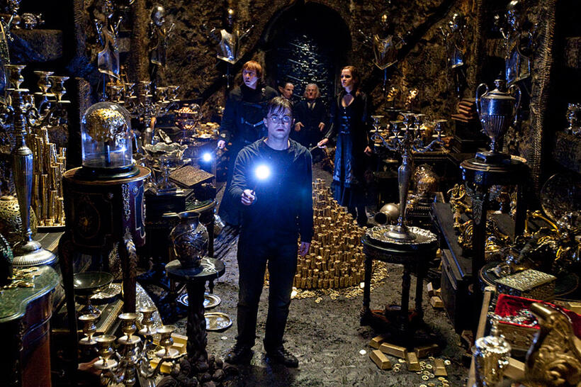 Daniel Radcliffe as Harry Potter, Rupert Grint as Ron Weasley, Warwick Davis as Griphook, Jon Key as Bogrod and Emma Watson as Hermione Granger in "Harry Potter and The Deathly Hallows: Part 2."