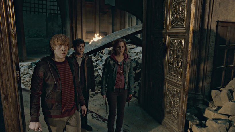 Rupert Grint as Ron Weasley, Daniel Radcliffe as Harry Potter and Emma Watson as Hermione Granger in "Harry Potter and The Deathly Hallows: Part 2."