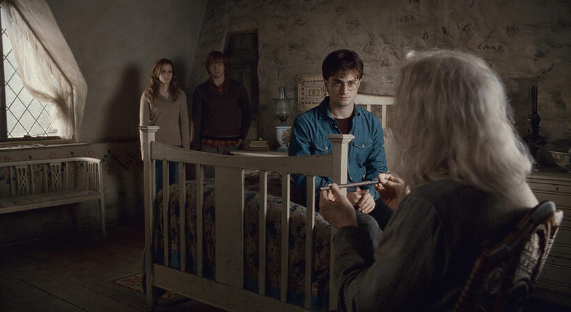 Emma Watson as Hermione Granger, Rupert Grint as Ron Weasley, Daniel Radcliffe as Harry Potter and John Hurt as Ollivander in "Harry Potter and The Deathly Hallows: Part 2."