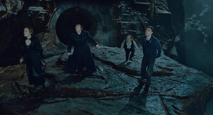 Emma Watson as Hermione Granger, Rupert Grint as Ron Weasley, Warwick Davis as Griphook and Daniel Radcliffe as Harry Potter in "Harry Potter and The Deathly Hallows: Part 2."