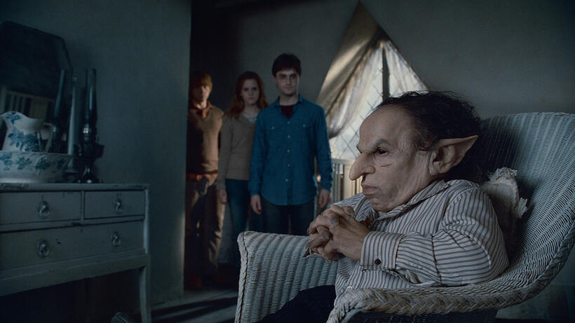 Rupert Grint as Ron Weasley, Emma Watson as Hermione Granger, Daniel Radcliffe as Harry Potter and Warwick Davis as Griphook in "Harry Potter and The Deathly Hallows: Part 2."