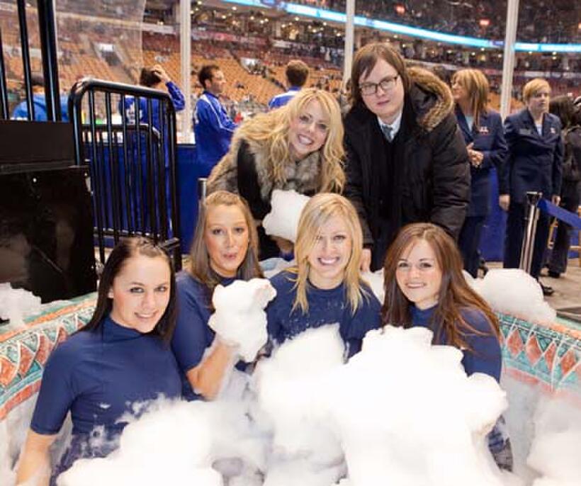 Clark Duke and Collette Wolfe of "Hot Tub Time Machine" at Tub Crawl promotion tour in Toronto.