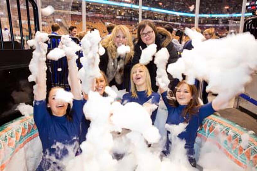 Clark Duke and Collette Wolfe of "Hot Tub Time Machine" at Tub Crawl promotion tour in Toronto.