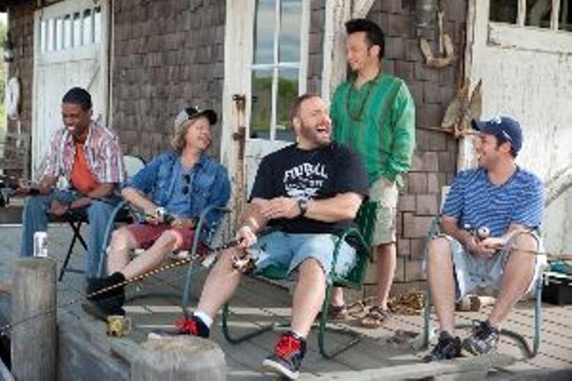 Chris Rock as Kurt McKenzie, David Spade as Marcus Higgins, Kevin James as Eric Lamonsoff, Rob Schneider as Rob Hillard and Adam Sandler as Lenny Feder in "Grown Ups."
