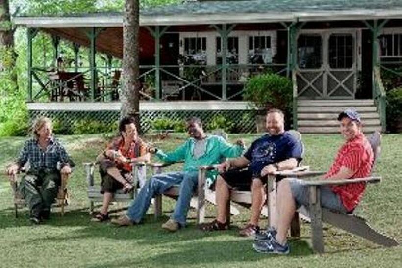 David Spade as Marcus Higgins, Rob Schneider as Rob Hilliard, Chris Rock as Kurt McKenzie, Kevin James as Eric Lamonsoff and Adam Sandler as Lenny Feder in "Grown Ups."