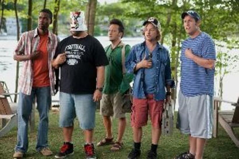 Chris Rock as Kurt McKenzie, Kevin James as Eric Lamonsoff, Rob Schneider as Rob Hilliard, David Spade as Marcus Higgins and Adam Sandler as Lenny Feder in "Grown Ups."