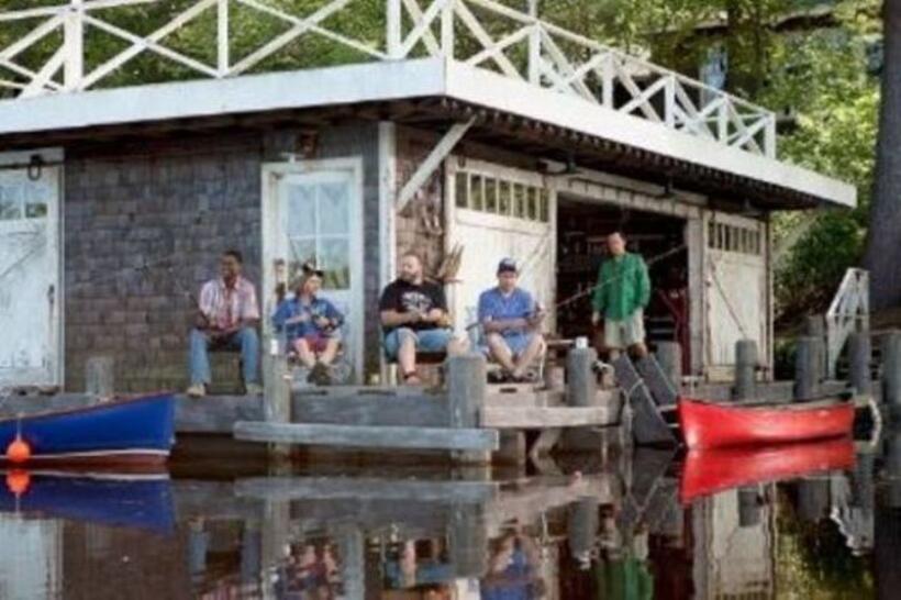 Chris Rock as Kurt McKenzie, David Spade as Marcus Higgins, Kevin James as Eric Lamonsoff, Adam Sandler as Lenny Feder and Rob Schneider as Rob Hilliard in "Grown Ups."