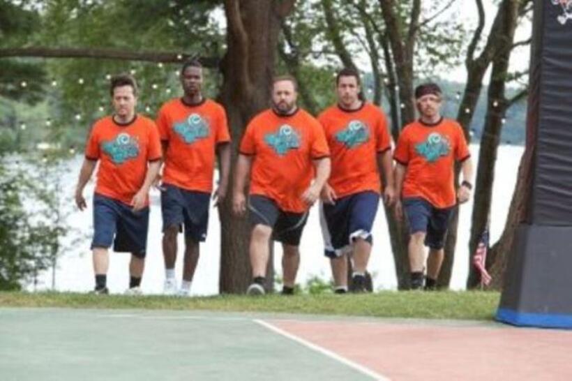 Rob Schneider as Rob Hilliard, Chris Rock as Kurt McKenzie, Kevin James as Eric Lamonsoff, Adam Sandler as Lenny Feder and David Spade as Marcus Higgins in "Grown Ups."