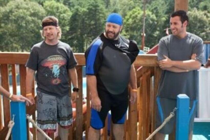 David Spade as Marcus Higgins, Kevin James as Eric Lamonsoff and Adam Sandler as Lenny Feder in "Grown Ups."