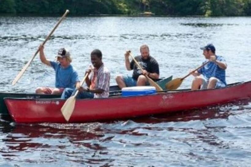 Rob Schneider as Rob, David Spade as Marcus, Kevin James as Eric, Chris Rock as Kurt and Adam Sandler as Lenny in "Grown Ups."