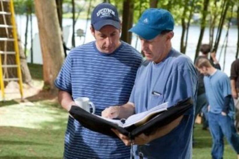 Adam Sandler and director Dennis Dugan on the set of "Grown Ups."
