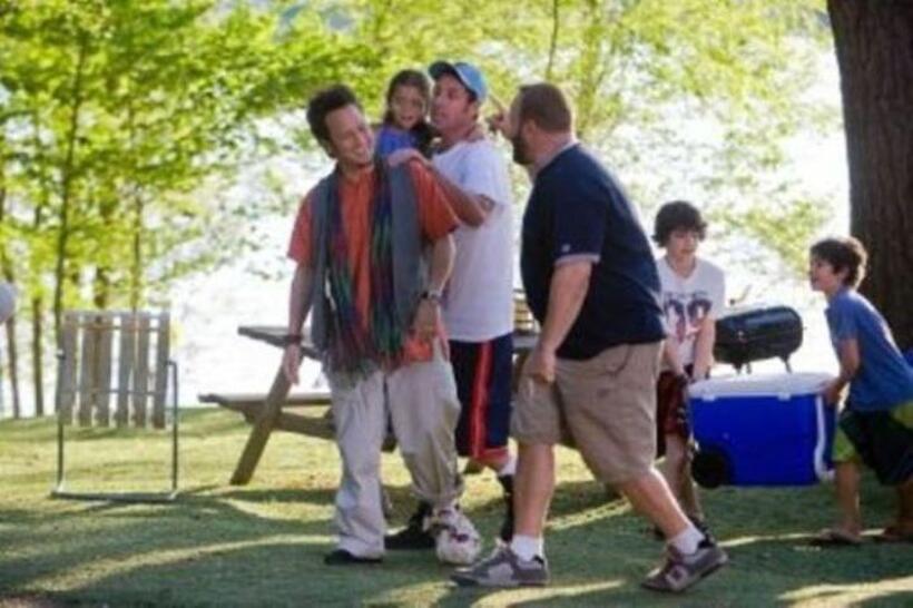 Rob Schneider as Rob, Alexys Nycole Sanchez as Becky, Adam Sandler as Lenny Feder, Kevin James as Eric, Jake Goldberg as Greg and Cameron Boyce as Keithie in "Grown Ups."