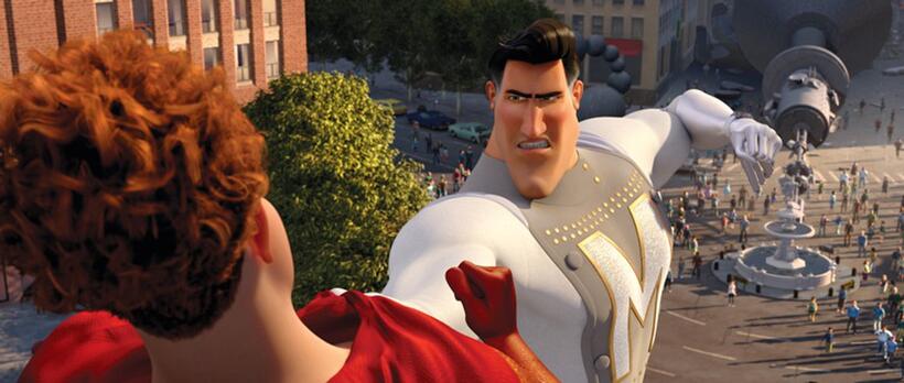 Jonah Hill voices Tighten and Brad Pitt voices Metro Man in "Megamind."