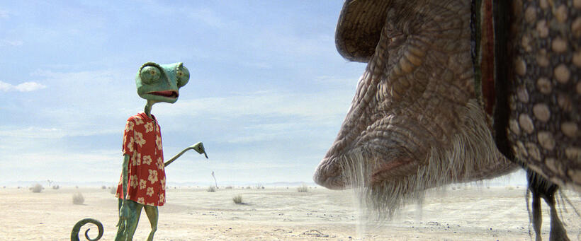 Rango voiced by Johnny Depp and Roadkill voiced by Alfred Molina in "Rango."