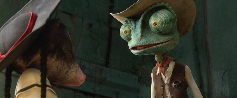 Priscilla voiced by Abigail Breslin and Rango voiced by Johnny Depp in "Rango."