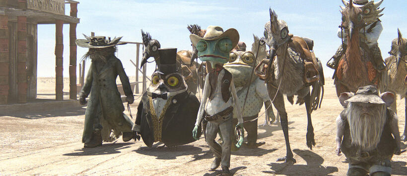Elgin voiced by John Cothran, Ambrose voiced by Ian Abercrombie, Rango voiced by Johnny Depp, Buford voiced by Blake Clark, Waffles voiced by James Ward Byrkit and Spoons voiced by Alex Manugian in "Rango."