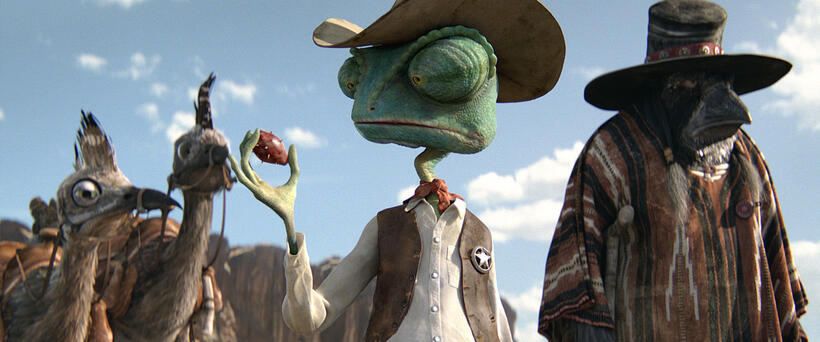 Rango voiced by Johnny Depp and Wounded Bird voiced by Gil Birmingham in "Rango."
