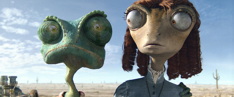 Rango voiced by Johnny Depp and Beans voiced by Isla Fisher in "Rango."