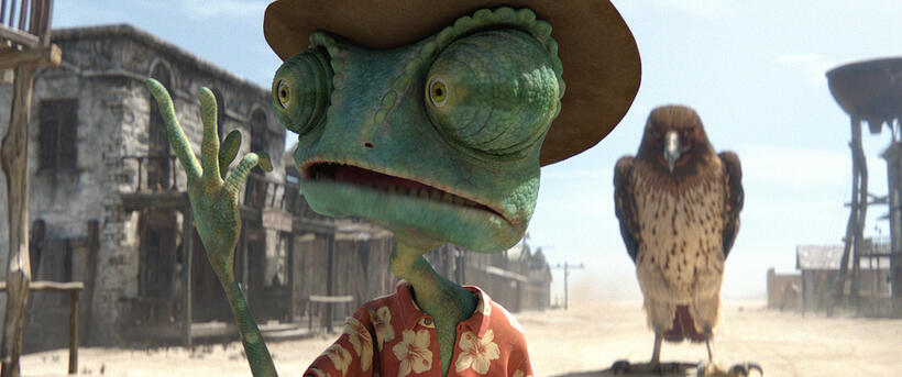 Rango voiced by Johnny Depp and the Hawk in "Rango."