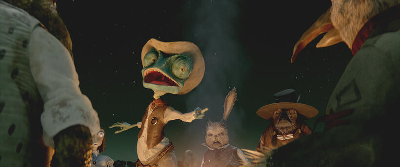 Buford voiced by Blake Clark, Beans voiced by Isla Fisher, Rango voiced by Johnny Depp, Doc voiced by Stephen Root, Wounded Bird voiced by Gil Birmingham and Sergeant Turley voiced by Gore Verbinski in "Rango."