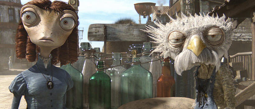 Beans voiced by Isla Fisher and Furgus voiced by Lew Temple in "Rango."