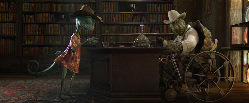Rango voiced by Johnny Depp and The Mayor voiced by Ned Beatty in "Rango."
