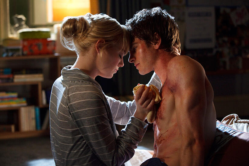 Emma Stone as Gwen Stacy and Andrew Garfield as Peter Parker in "The Amazing Spider-Man."