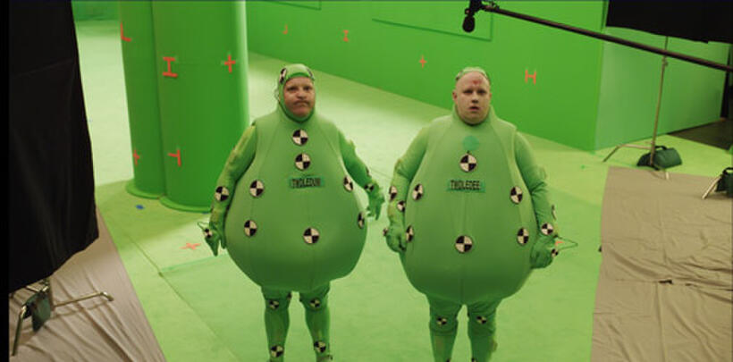Tweedles Progression 2 of 6: Lucas and his double trade places and film the scene again, so that Lucas' performance as the other Tweedle can be captured.
